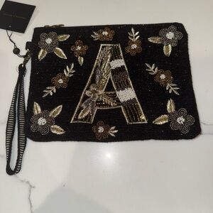 New America & Beyond Embroidered Black Clutch with Floral Design and letter A